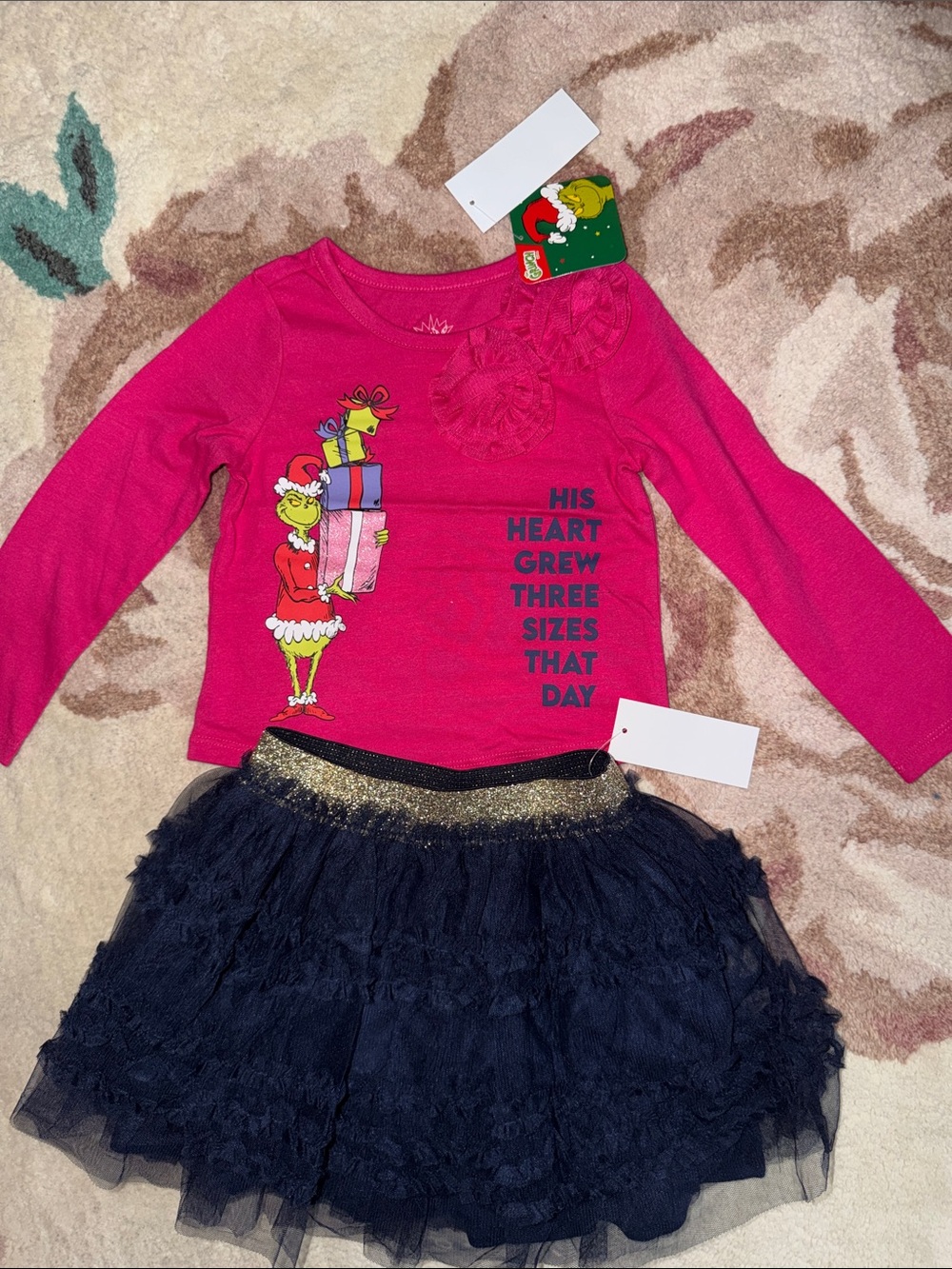 NEW Dr. Seuss Grinch Fuchsia Long Sleeve Top with Navy Ruffle Skirt Holiday Set
